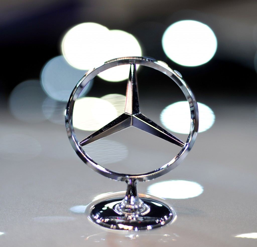 The logo for Mercedes-Benz on display at the Chicago Auto Show